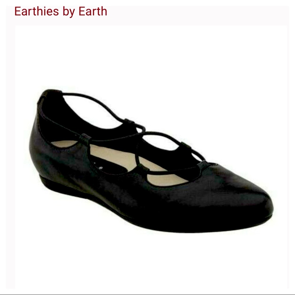Earth Earthies Black Leather Flats Size 11 B Shoes Loafers Criss-Cross Elastic
